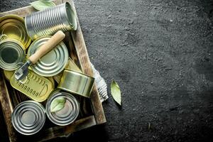 Closed metal cans with canned food on tray with a opener. photo