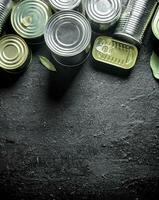 Set of different kinds of tin cans with canned food. photo