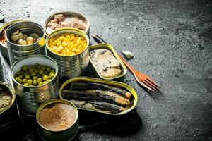 Canned food in open cans. photo