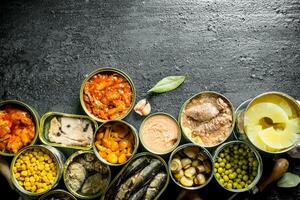 Various canned food in open cans. photo