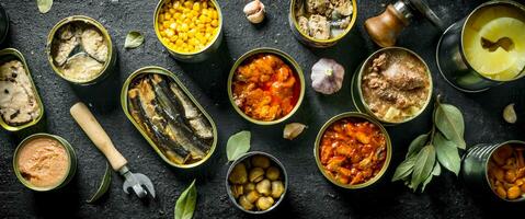 Canned food in various open cans with garlic cloves and Bay leaf. photo