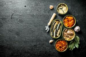 Canned food in various open cans with garlic cloves and Bay leaf. photo