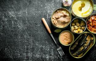 Set of different types of cans of canned food. photo