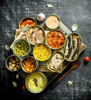 Assortment of canned food in cans. photo