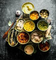 Various canned food in metal cans on tray. photo