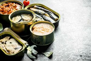 Canned fish in open cans. photo