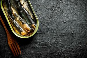 Open tin can with sprats. photo