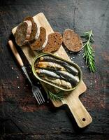 Sprats in a tin with bread and rosemary on the cutting Board. photo