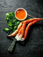 Crab on a cutting Board with parsley and sauce. photo