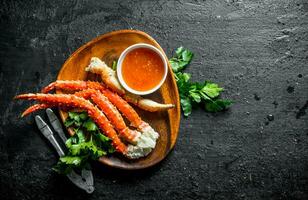 Fresh crab on a plate with parsley and sauce. photo