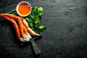 Crab on a cutting Board with parsley and sauce. photo