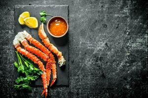 Crab on a stone Board with sauce, parsley and lemon slices. photo
