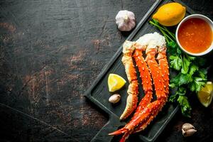 Crab with lemon slices, parsley, sauce and garlic cloves. photo