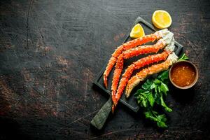 Crab on a chopping Board with parsley, sauce and lemon slices. photo