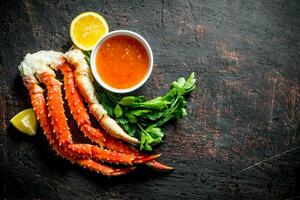 Fresh crab with lemon slices, parsley and sauce. photo