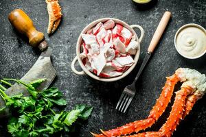 Crab meat in bowl with sauce and parsley. photo