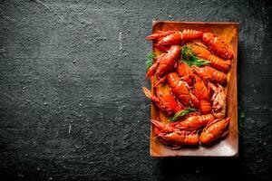 Boiled crayfish on a plate with dill. photo