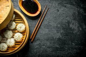 Traditional dish. Hot dumplings of manta with meat. photo