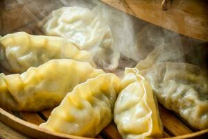 Hot Chinese dumplings gedza in the steamer. photo