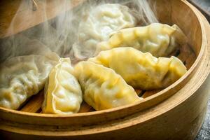 Hot Chinese dumplings gedza in the steamer. photo