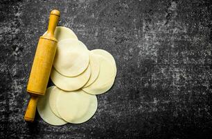 Raw dumpling. Rolled out round dough for dumplings. photo