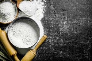 Flour in a sieve and bowl. photo