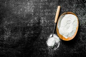 Flour in bowl and ladle. photo