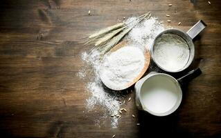 Flour with milk in a jug and spikelets. photo