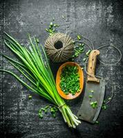 Chopped green onion with twine and a big knife. photo