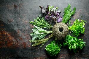 Types of different herbs with old twine. photo