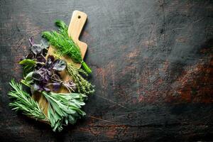 Various types of useful herbs on a wooden cutting Board. photo