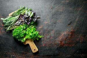 Assortment of different types of herbs for salad. photo