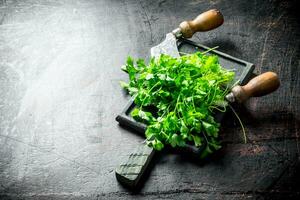 Parsley on a cutting Board with a knife. photo