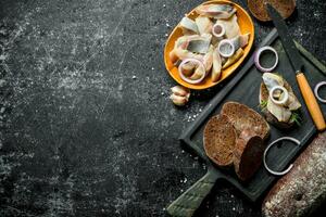 Fillet of salted herring on a piece of bread and onions. photo