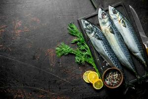 Fish mackerel on a cutting Board with slices of lemon, dill and spices. photo