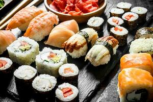 The range of different types of Japanese sushi and rolls. photo