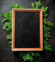 Empty Christmas photo frame with fir branches.
