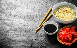 Instant noodles with soy sauce and ginger. photo