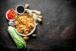 Noodles with Beijing cabbage, ginger, onion, garlic and soy sauce. photo