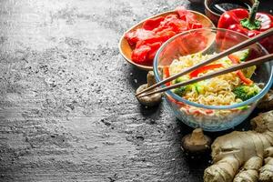 Readymade instant noodles with broccoli, pepper and ginger. photo