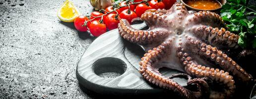 Octopus on a cutting Board with cherry tomatoes. photo