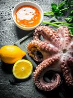 Octopus on a cutting Board with lemon, parsley and sauce. photo