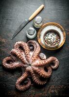 Octopus with knife and spices. photo