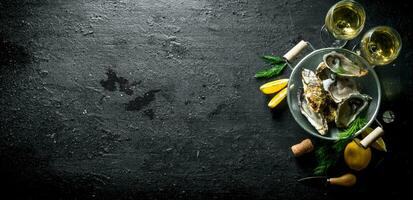 Fresh opened oysters in a colander with white wine in glasses, dill and lemon slices. photo