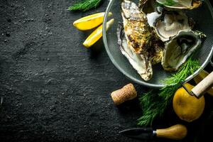 Raw Opened oysters in a colander with dill and lemon. photo