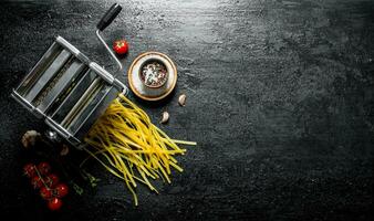 Machine for cooking homemade pasta with spices and tomatoes. photo