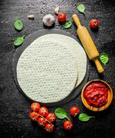 Dough with various ingredients for cooking homemade pizza. photo