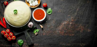 Preparation pizza. Dough with different ingredients for pizza. photo