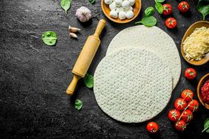 Preparation pizza. Round dough with tomatoes, cheese and spinach. photo