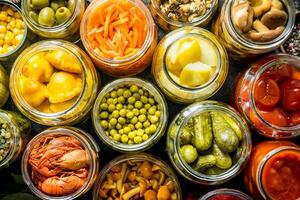 Variety of homemade pickled food. photo